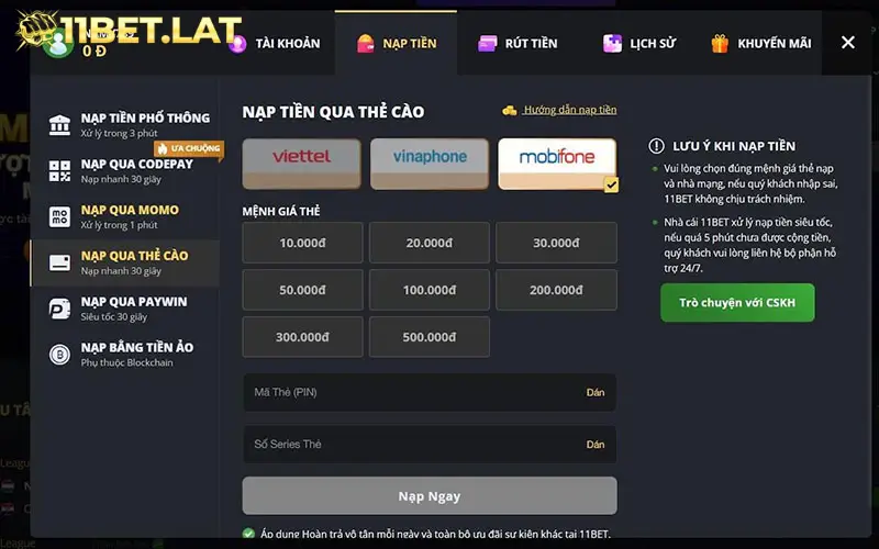 Nạp tiền 11bet qua thẻ cào điện thoại 